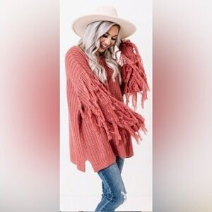 JODIFL Oversized Fringe Detail Sweater Boho Chunky Knit Dusty Rose‎ Fall Sz M